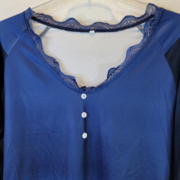 Jersey Knit Ombre Lace Shirt V-Neck Long Sleeve Pullover Tee Top Blue White - Picture 5 of 8